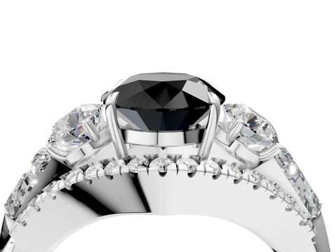 White gold Three-Stone Fancy Black Round Cut Diamond Engagement Ring with Pave Band and Prong Setting_16