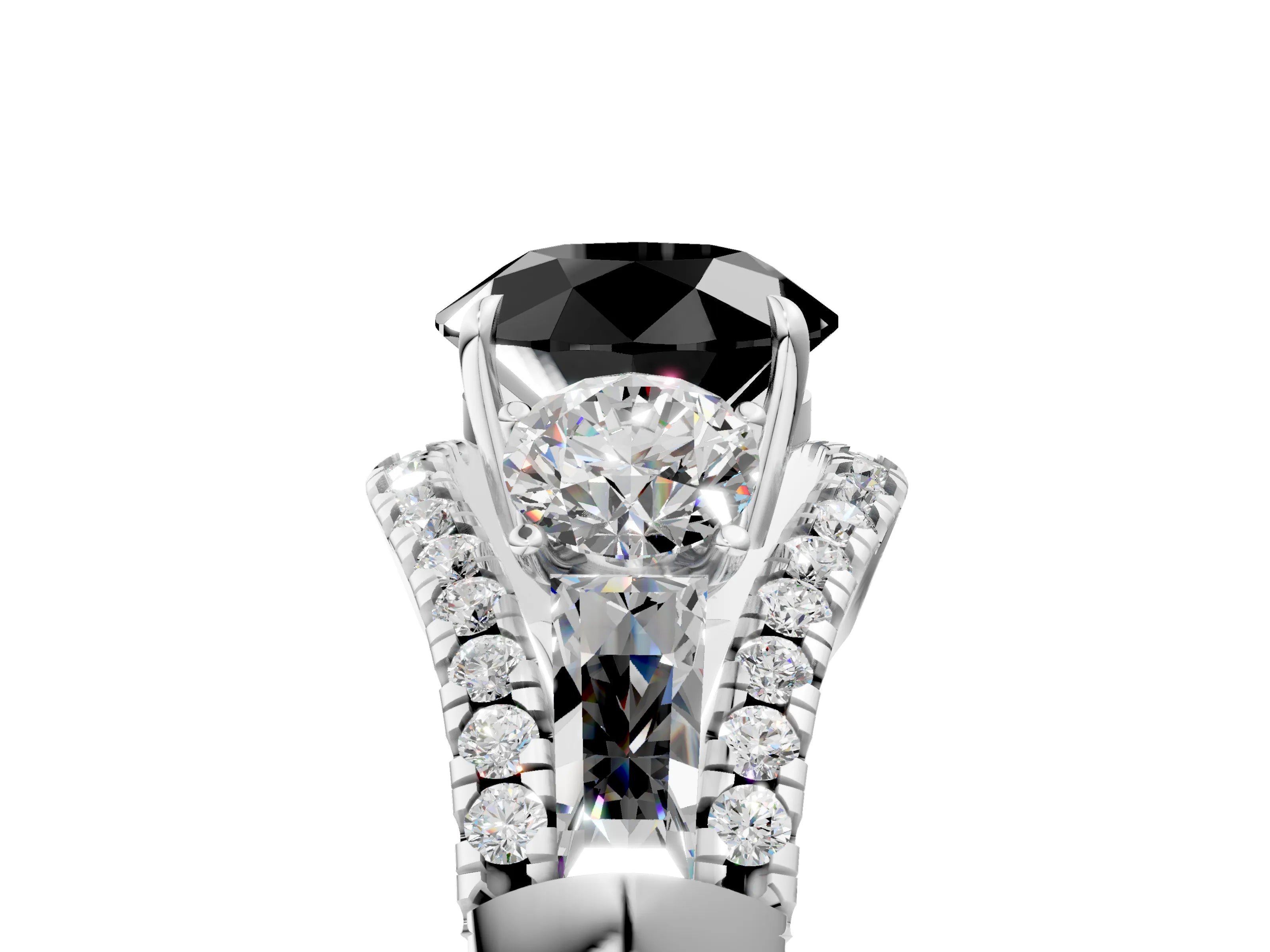 White gold Three-Stone Fancy Black Round Cut Diamond Engagement Ring with Pave Band and Prong Setting_17