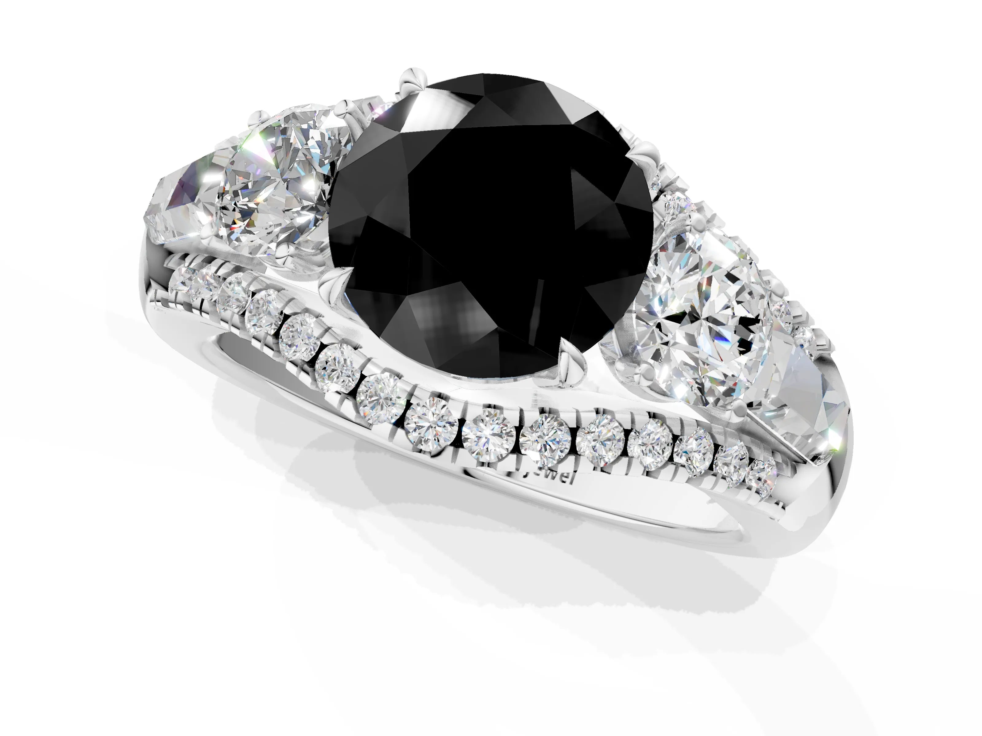 White gold Three-Stone Fancy Black Round Cut Diamond Engagement Ring with Pave Band and Prong Setting_1