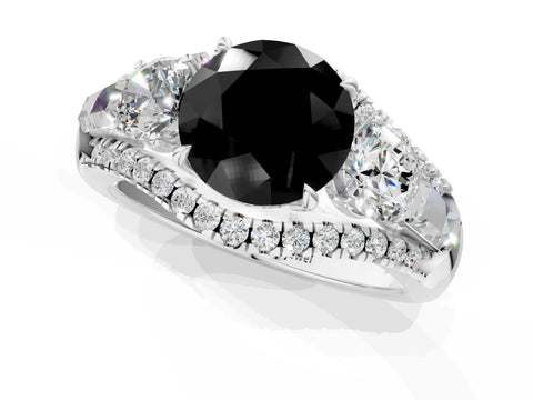 White gold Three-Stone Fancy Black Round Cut Diamond Engagement Ring with Pave Band and Prong Setting_1