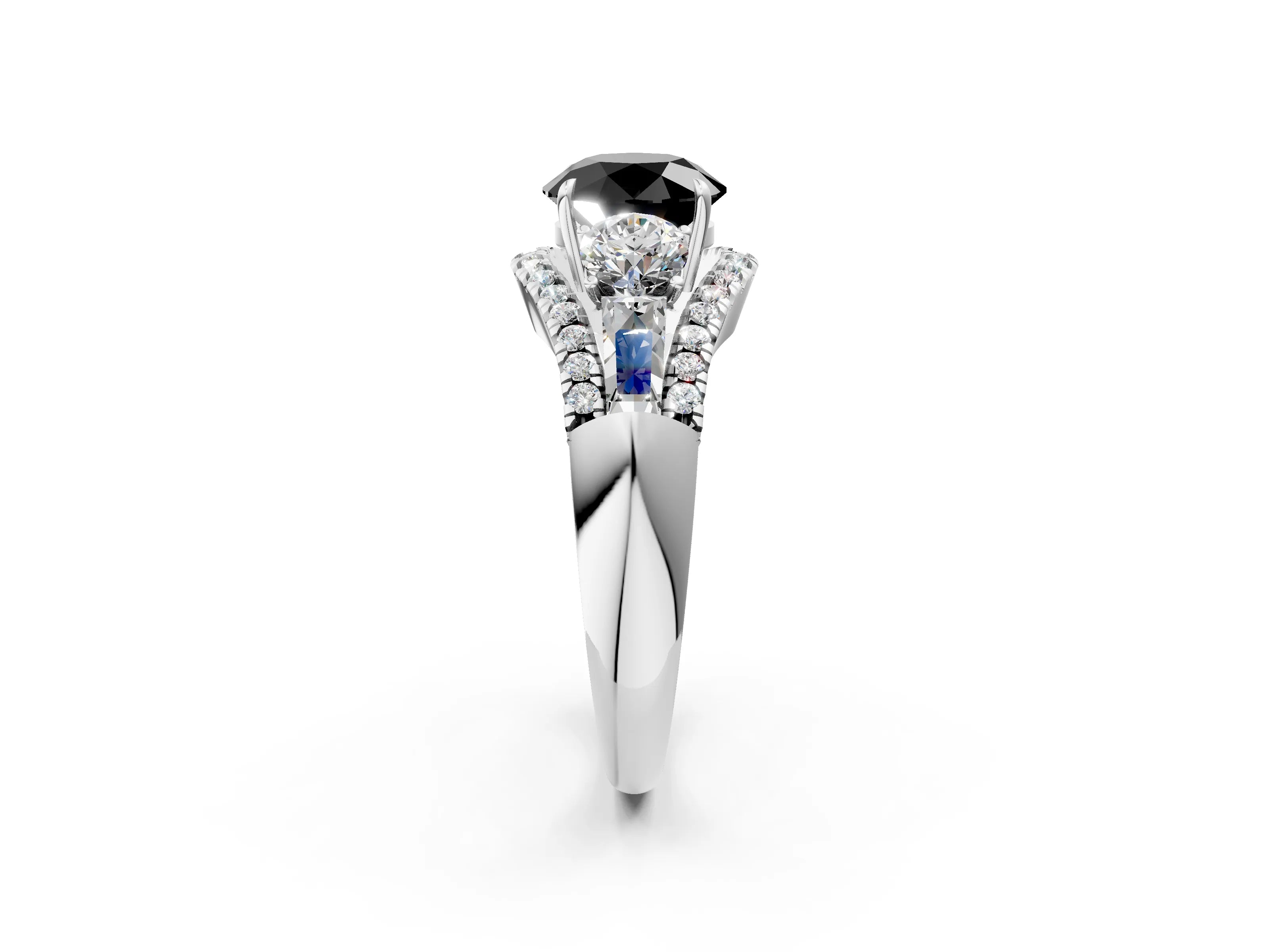 White gold Three-Stone Fancy Black Round Cut Diamond Engagement Ring with Pave Band and Prong Setting_2