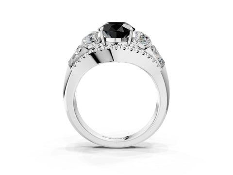 White gold Three-Stone Fancy Black Round Cut Diamond Engagement Ring with Pave Band and Prong Setting_3