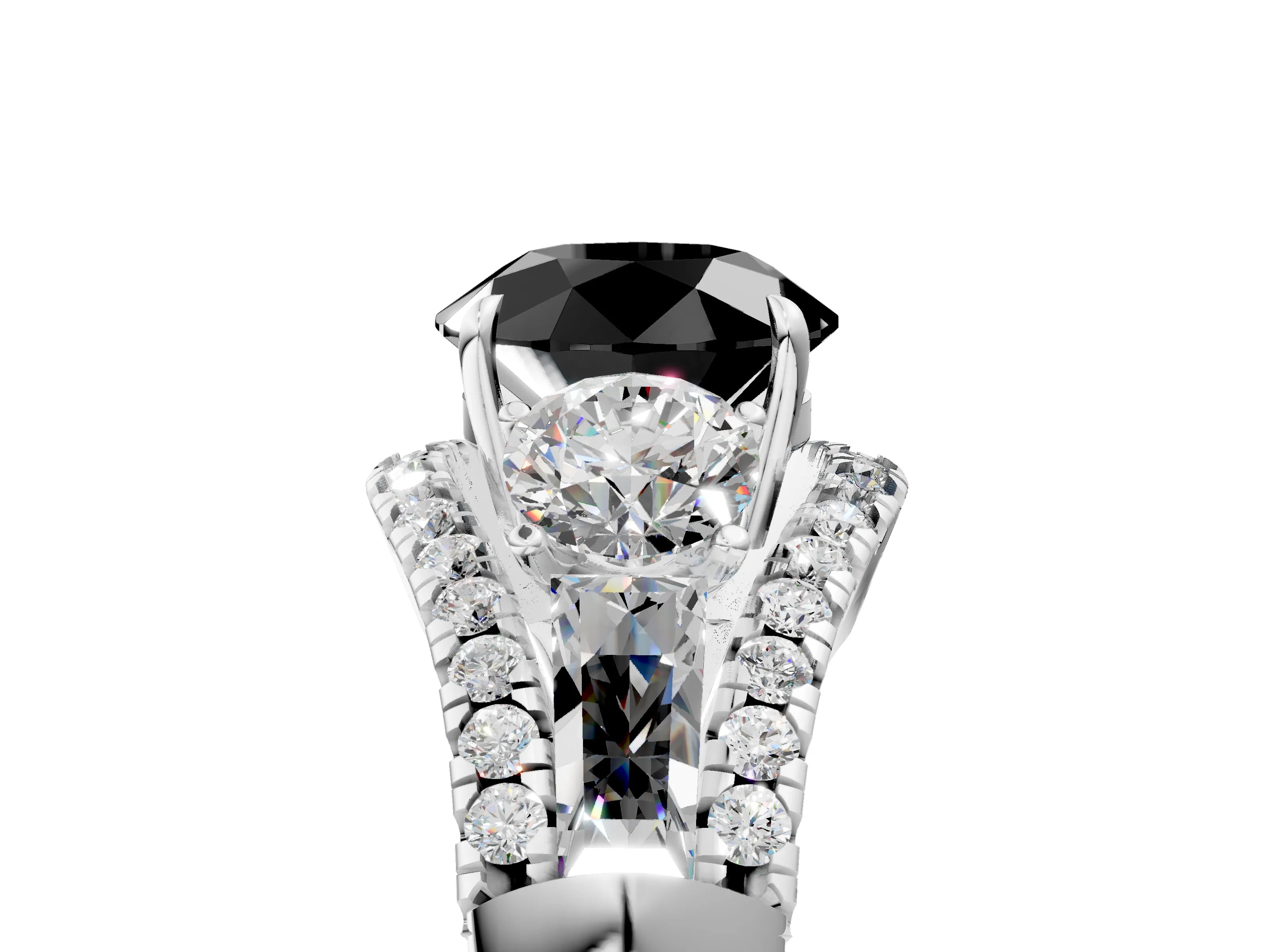 White gold Three-Stone Fancy Black Round Cut Diamond Engagement Ring with Pave Band and Prong Setting_5
