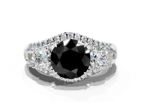 White gold Three-Stone Fancy Black Round Cut Diamond Engagement Ring with Pave Band and Prong Setting