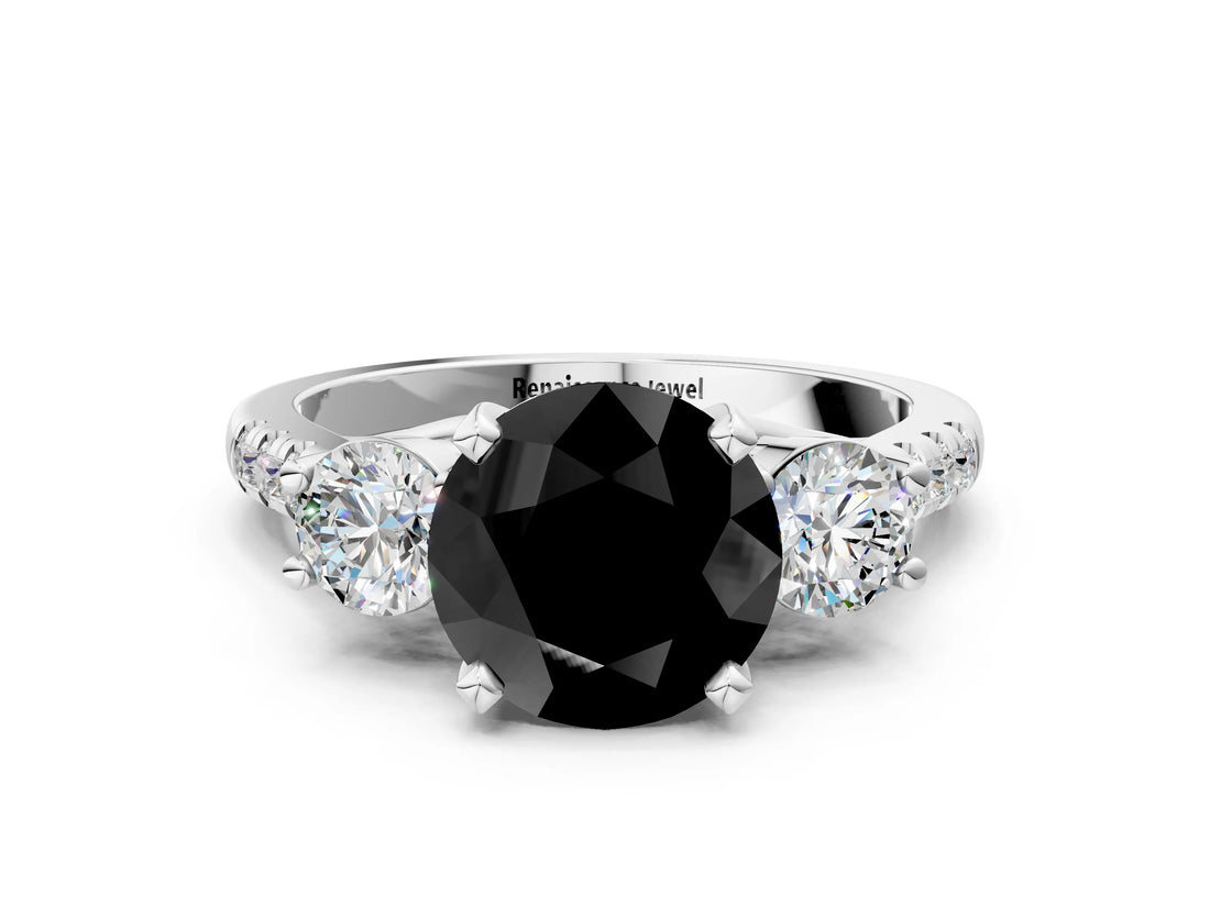White gold Three-Stone Fancy Black Round Cut Diamond Pavé Band with Four-Prong Setting