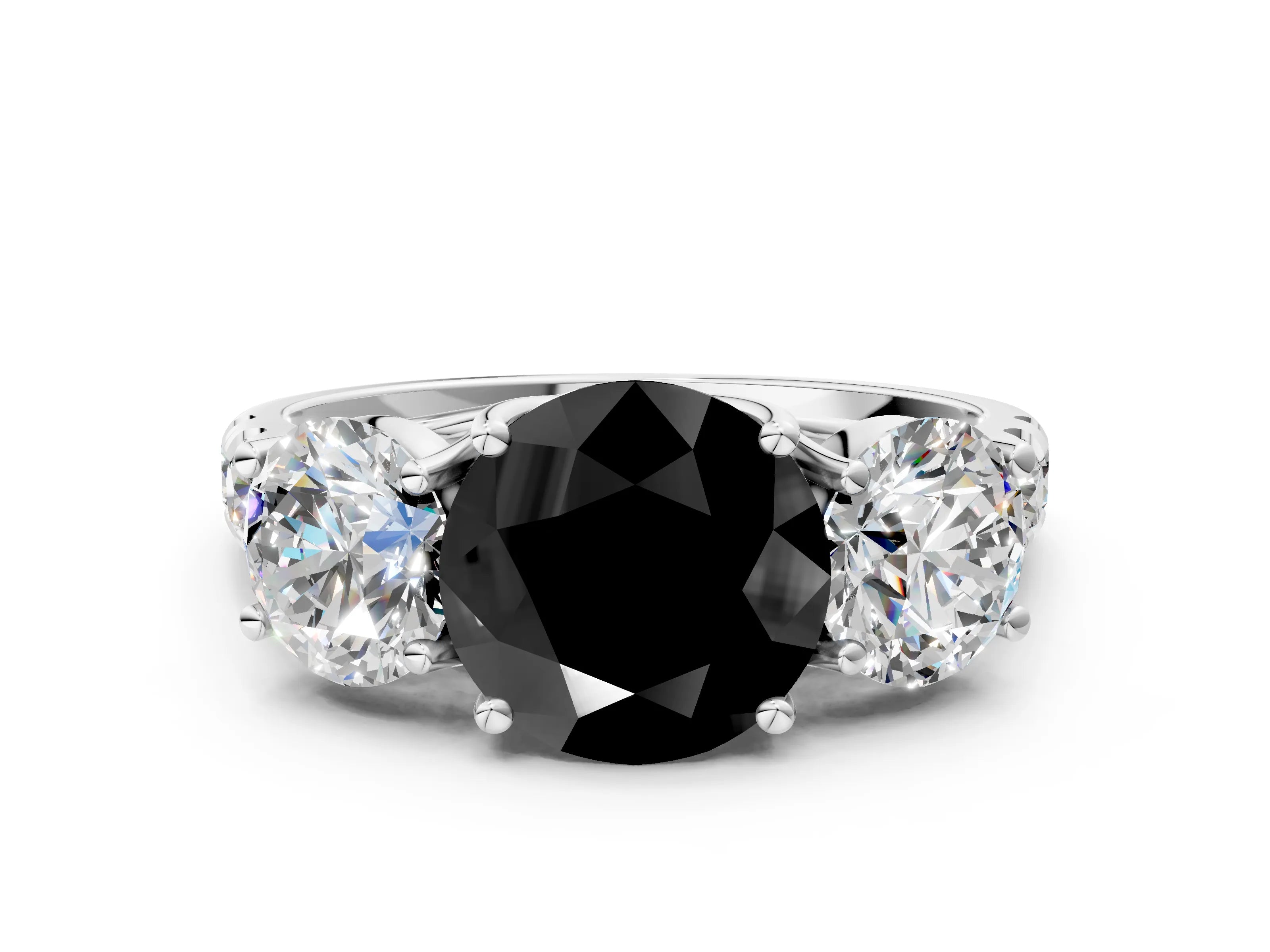 White gold Three-Stone Fancy Black Round Cut Diamond Pavé Band with Prong Setting_12