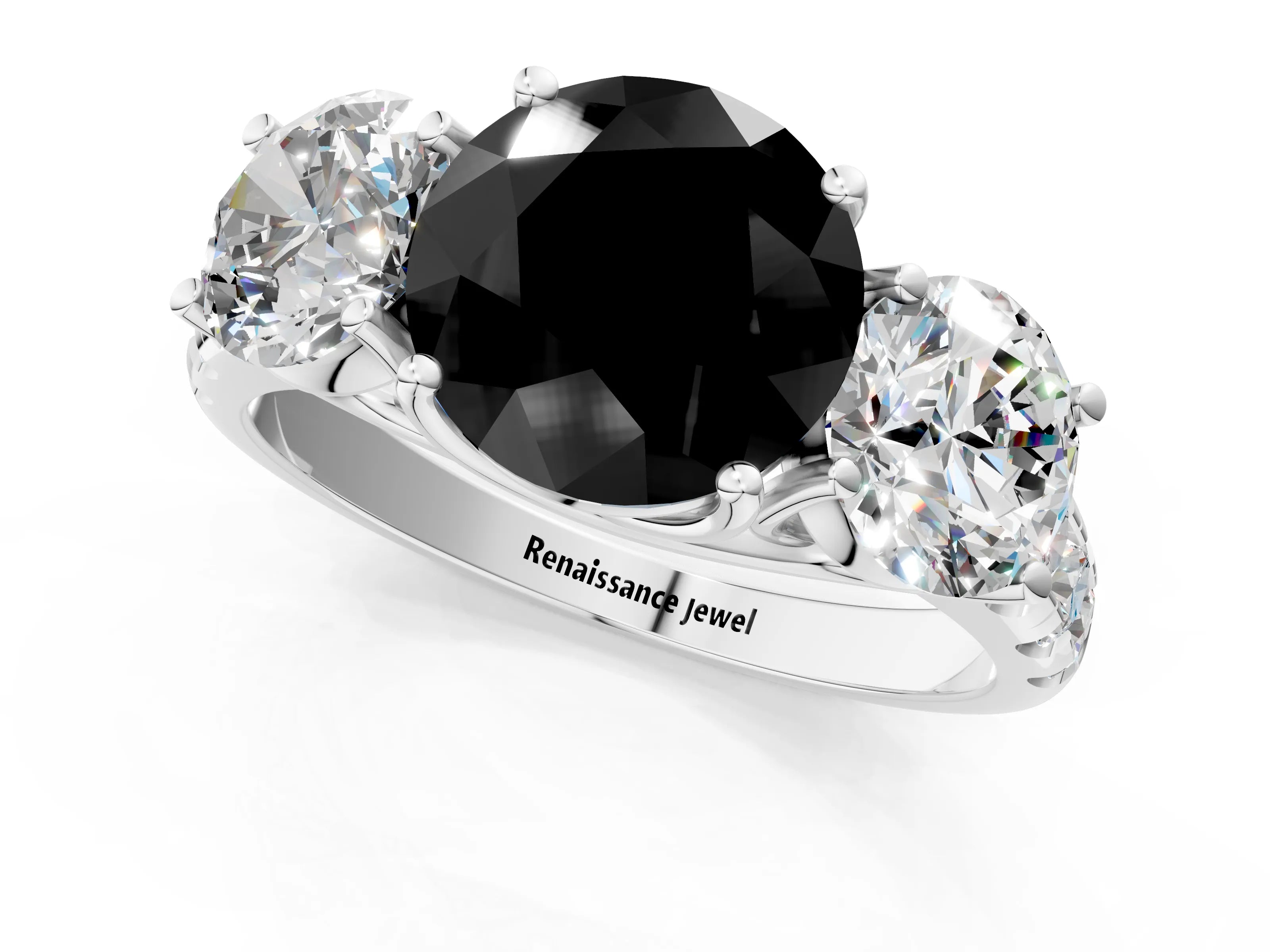 White gold Three-Stone Fancy Black Round Cut Diamond Pavé Band with Prong Setting_13