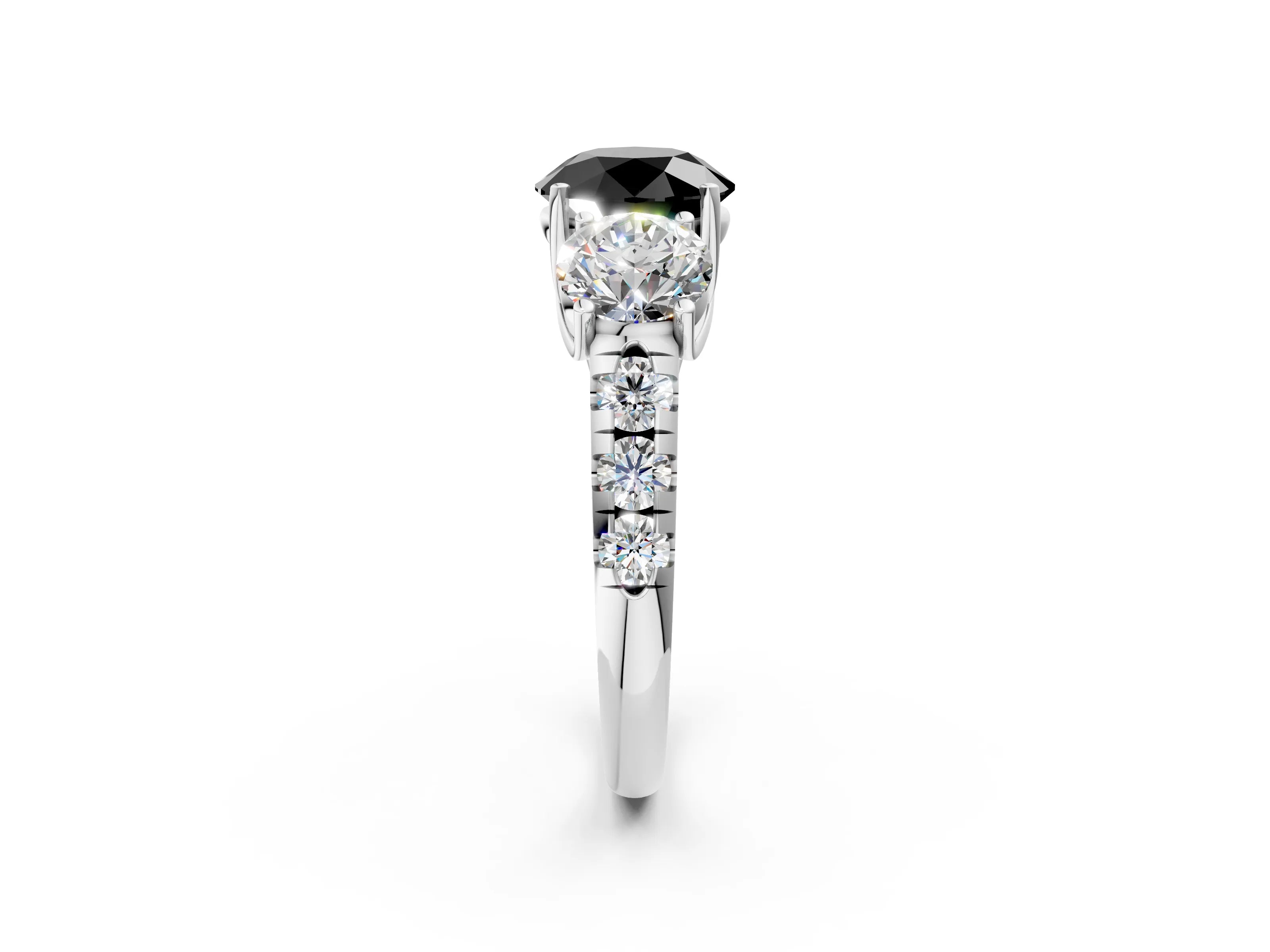 White gold Three-Stone Fancy Black Round Cut Diamond Pavé Band with Prong Setting_14