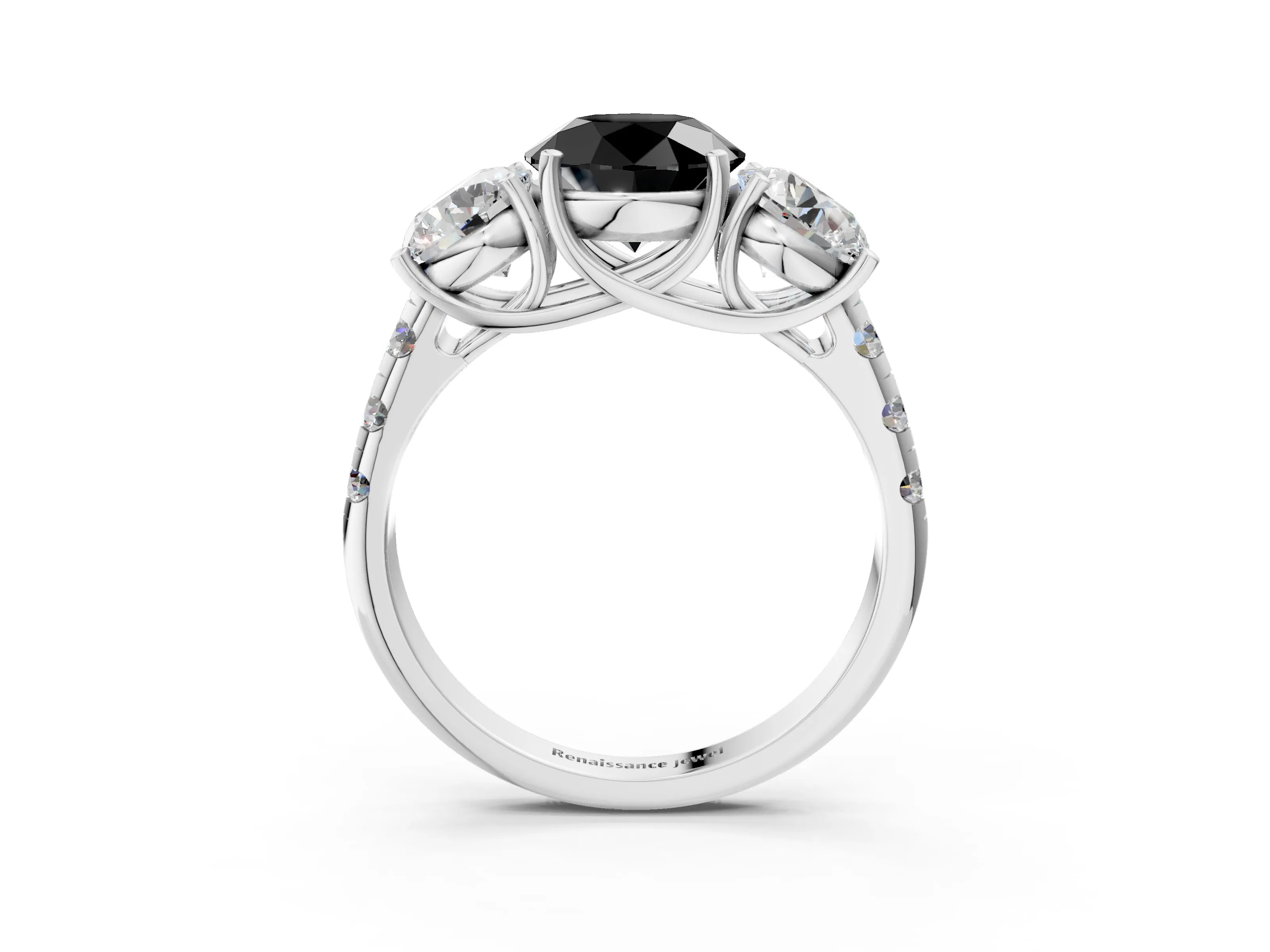 White gold Three-Stone Fancy Black Round Cut Diamond Pavé Band with Prong Setting_15