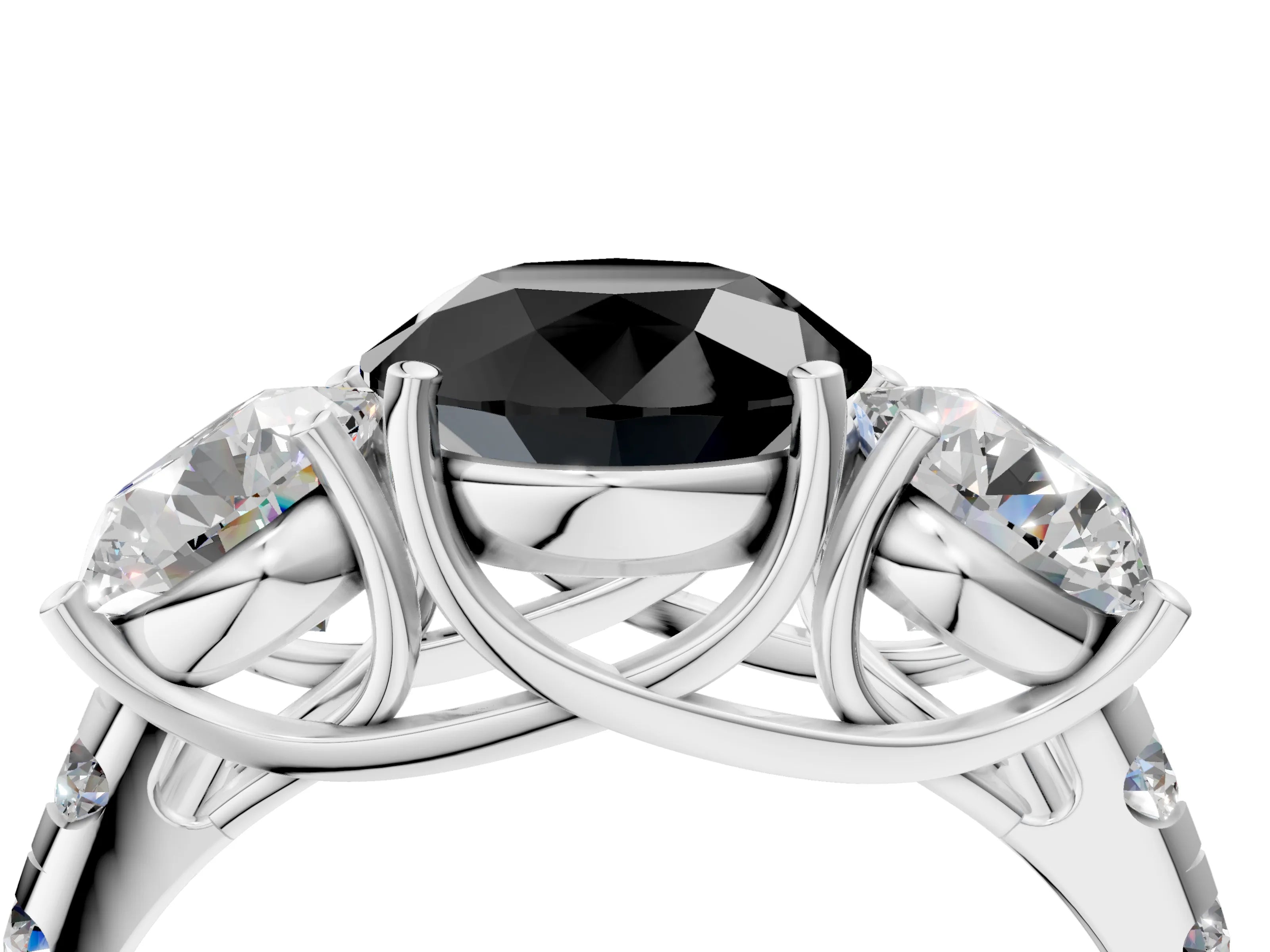 White gold Three-Stone Fancy Black Round Cut Diamond Pavé Band with Prong Setting_16