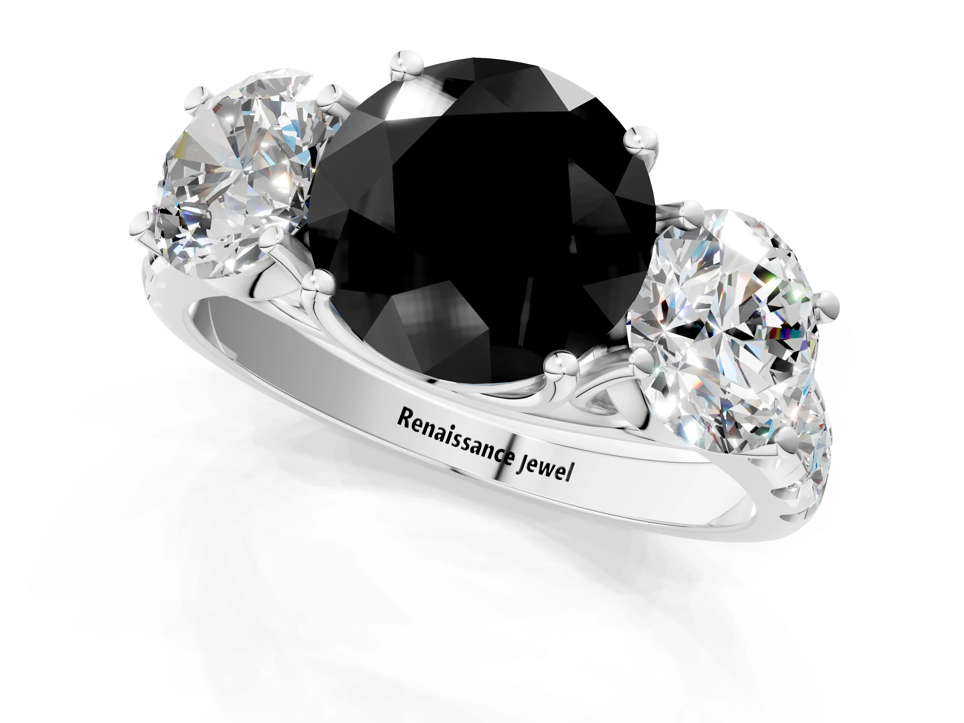 White gold Three-Stone Fancy Black Round Cut Diamond Pavé Band with Prong Setting_1