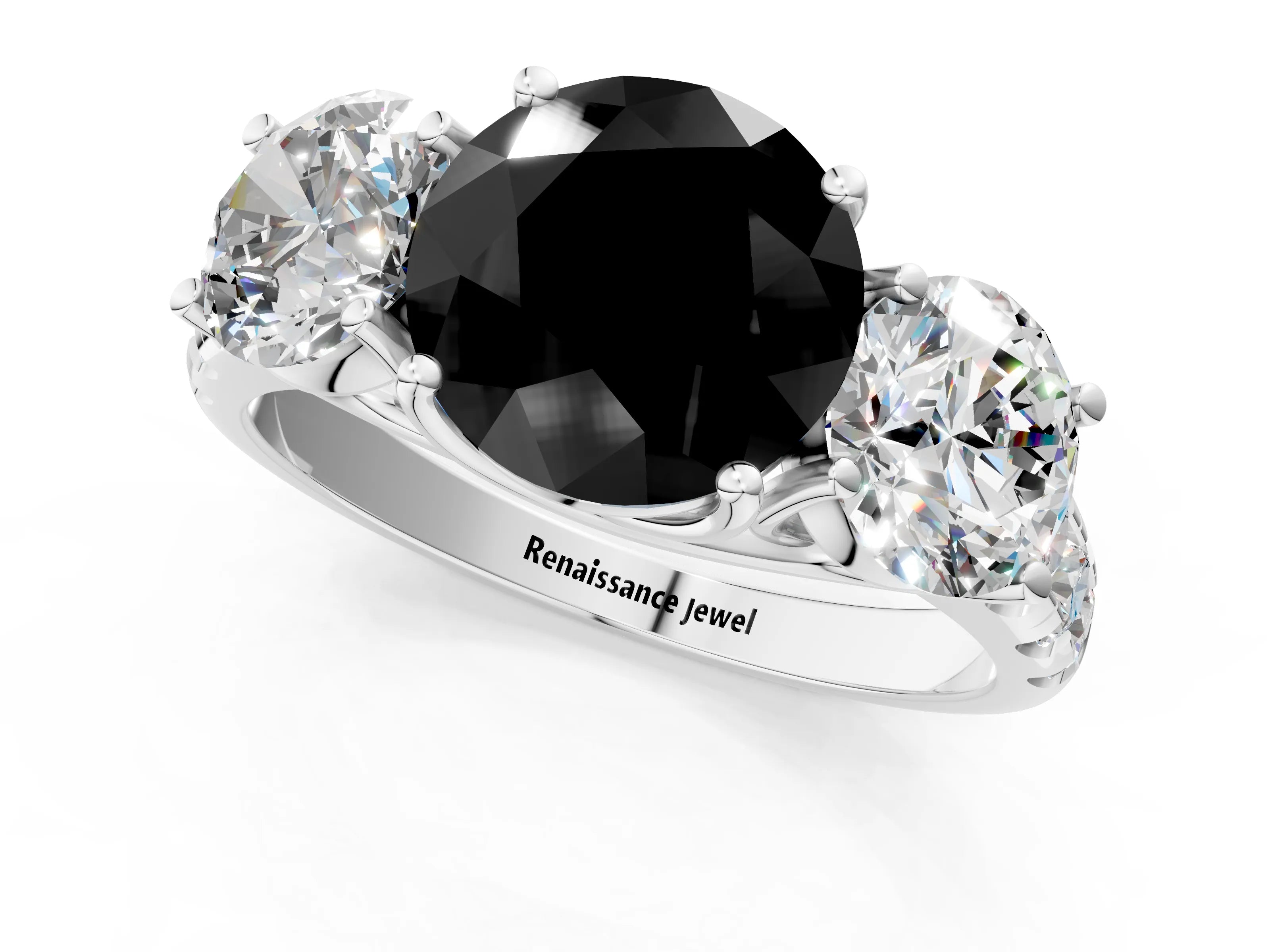 White gold Three-Stone Fancy Black Round Cut Diamond Pavé Band with Prong Setting_22