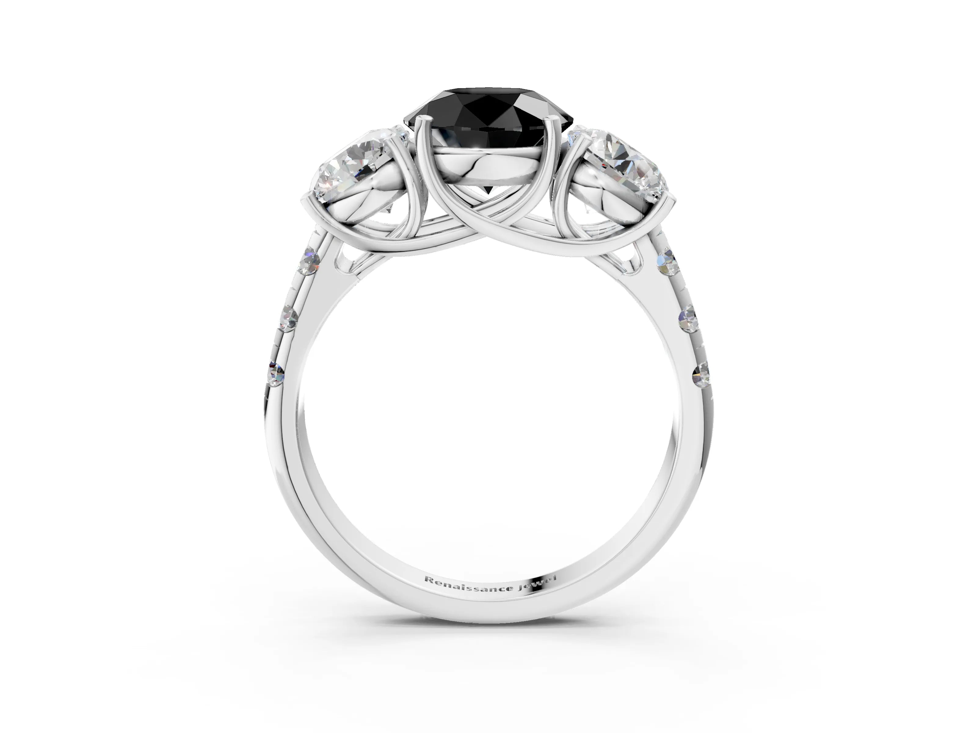 White gold Three-Stone Fancy Black Round Cut Diamond Pavé Band with Prong Setting_27