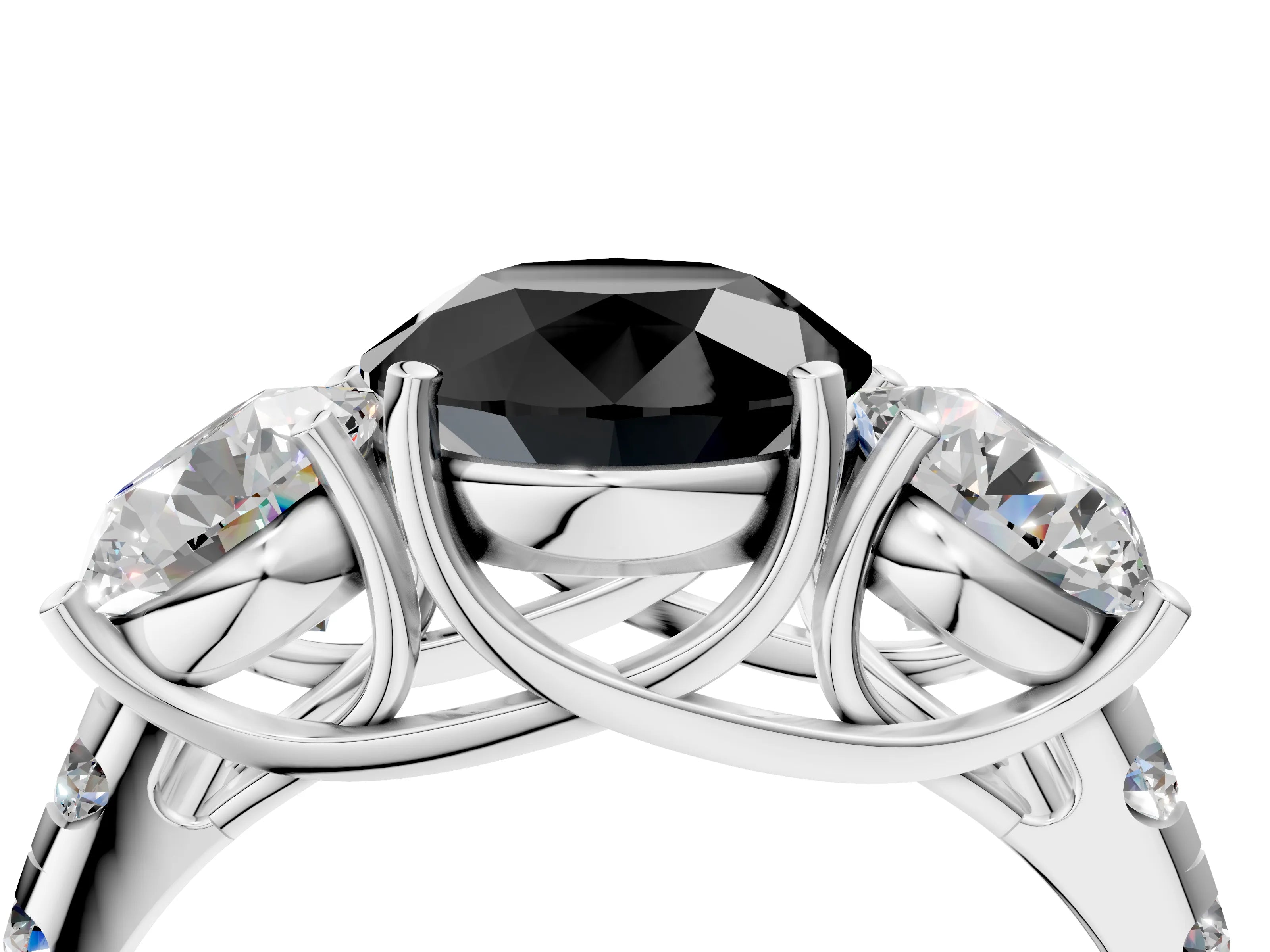 White gold Three-Stone Fancy Black Round Cut Diamond Pavé Band with Prong Setting_28