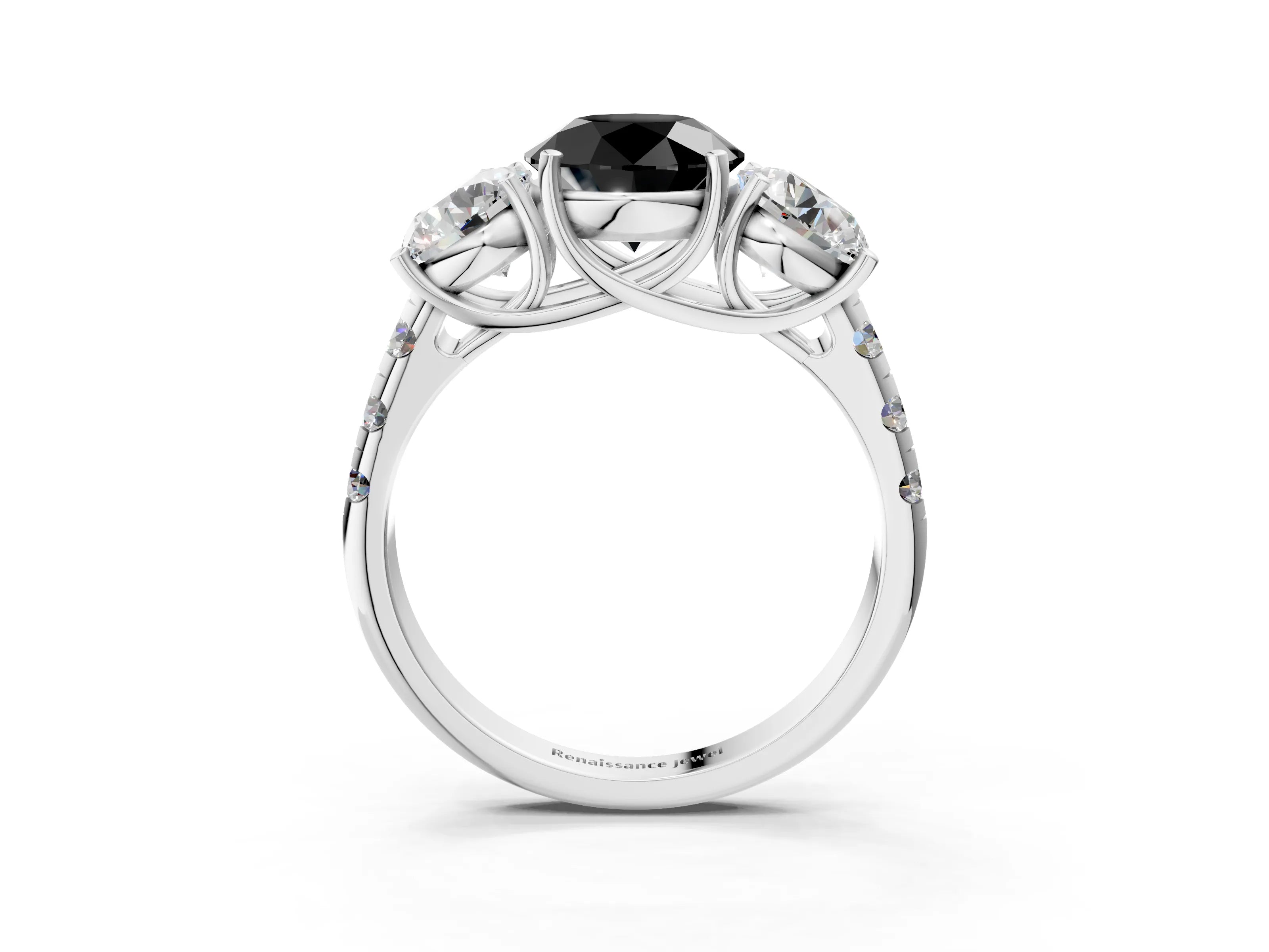 White gold Three-Stone Fancy Black Round Cut Diamond Pavé Band with Prong Setting_3