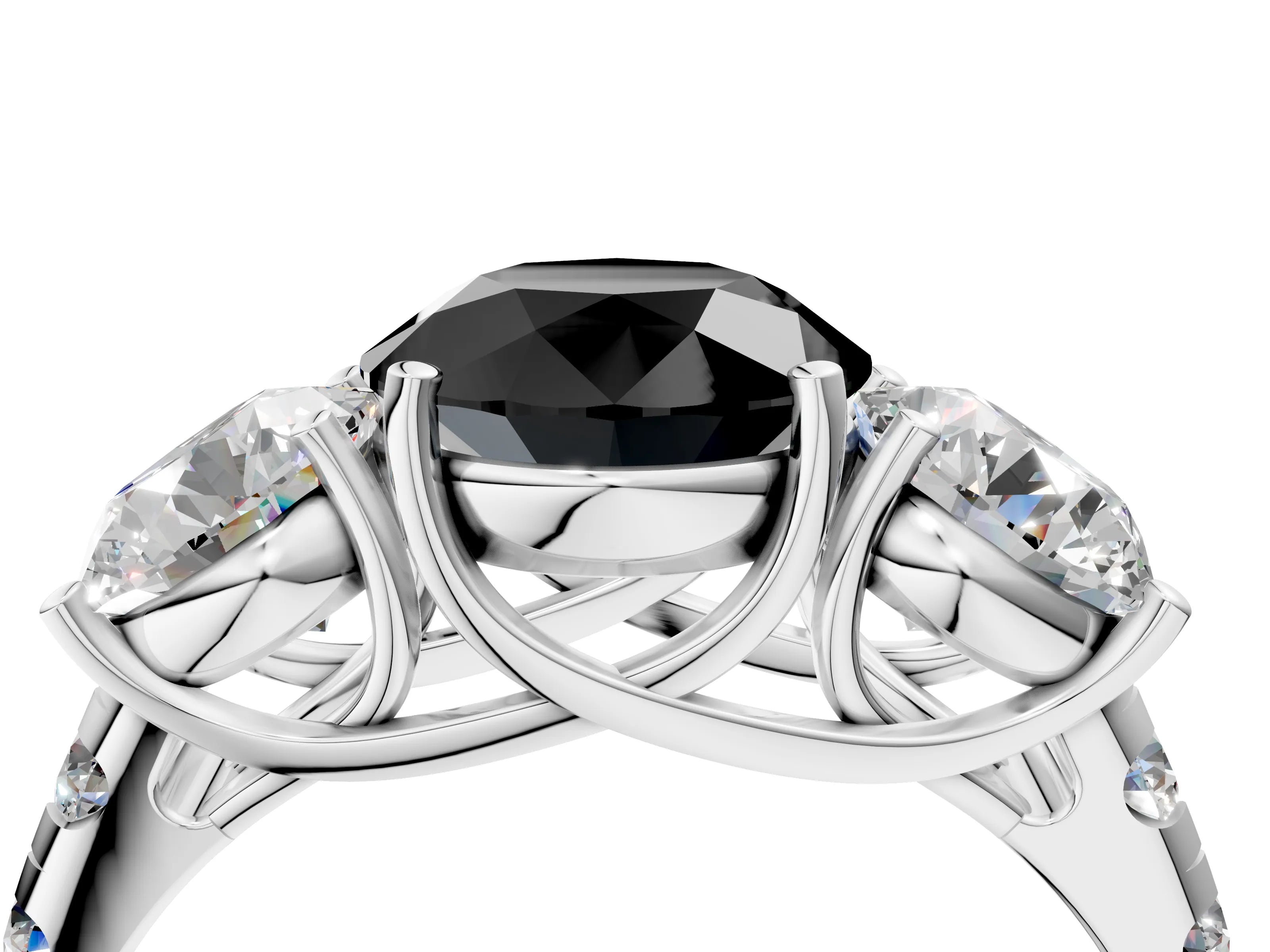 White gold Three-Stone Fancy Black Round Cut Diamond Pavé Band with Prong Setting_4