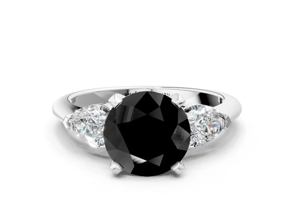 Platinum Round Three Stone Engagement Ring Setting for Black Center with Large Pear Side Stones