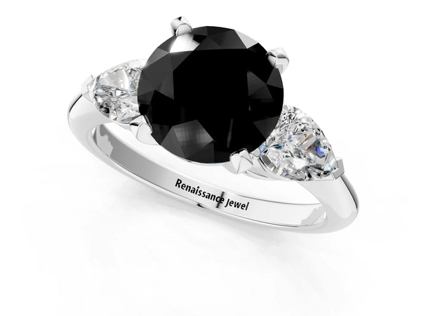 Platinum Round Three Stone Engagement Ring Setting for Black Center with Large Pear Side Stones