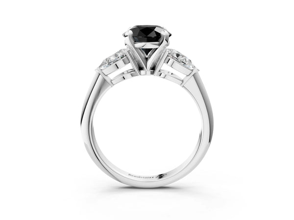 Platinum Round Three Stone Engagement Ring Setting for Black Center with Large Pear Side Stones