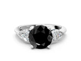 White gold Three-Stone Fancy Black Round Cut Diamond Ring with Pear Side Stones and Four-Prong Setting
