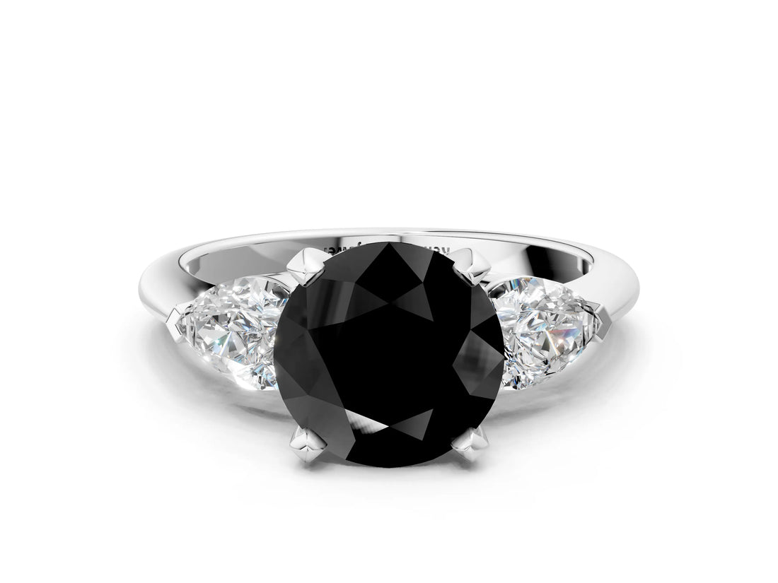 White gold Three-Stone Fancy Black Round Cut Diamond Ring with Pear Side Stones and Four-Prong Setting