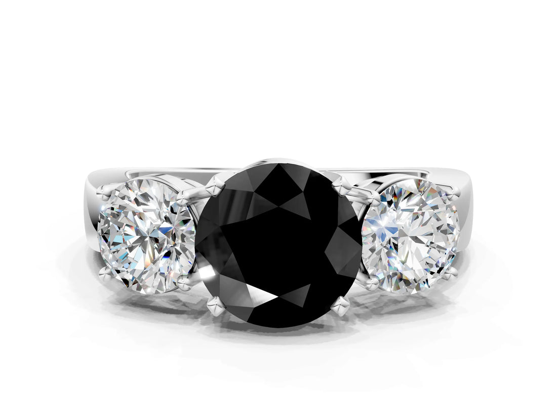 White gold Three-Stone Fancy Black Round Cut Diamond Ring with Round Side Stones, Classic Band, and Four-Prong Setting