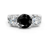 White gold Three-Stone Fancy Black Round Cut Diamond Ring with Round Side Stones, Classic Band, and Four-Prong Setting