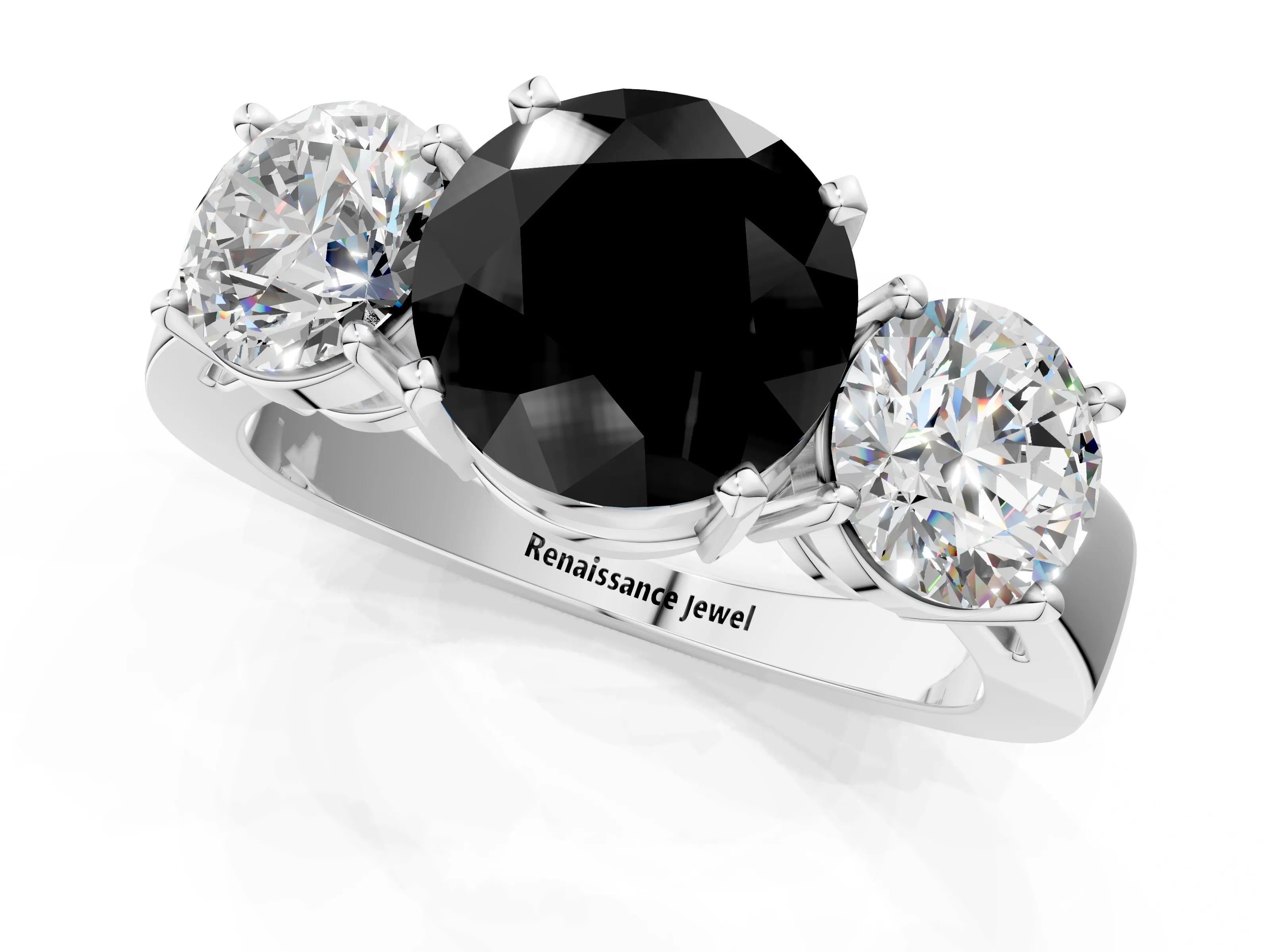 White gold Three-Stone Fancy Black Round Cut Diamond Ring with Round Side Stones, Classic Band, and Four-Prong Setting_1
