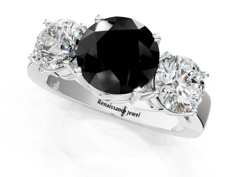 White gold Three-Stone Fancy Black Round Cut Diamond Ring with Round Side Stones, Classic Band, and Four-Prong Setting_1