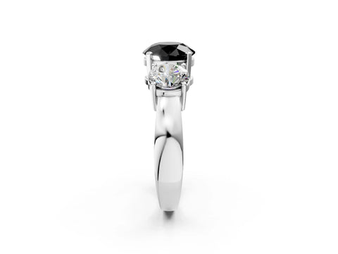 White gold Three-Stone Fancy Black Round Cut Diamond Ring with Round Side Stones, Classic Band, and Four-Prong Setting_2