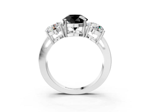 White gold Three-Stone Fancy Black Round Cut Diamond Ring with Round Side Stones, Classic Band, and Four-Prong Setting_3
