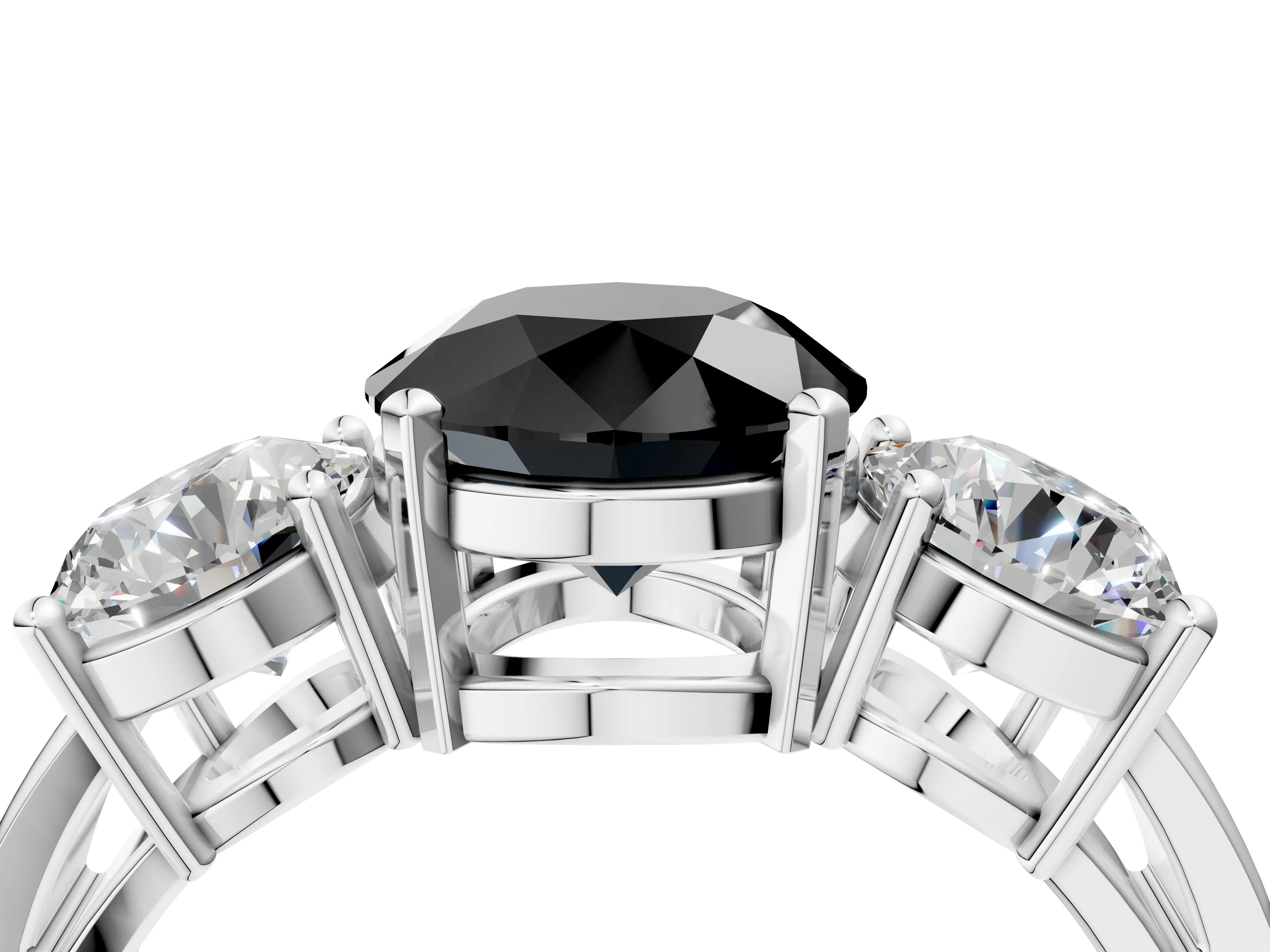 White gold Three-Stone Fancy Black Round Cut Diamond Ring with Round Side Stones, Classic Band, and Four-Prong Setting_4