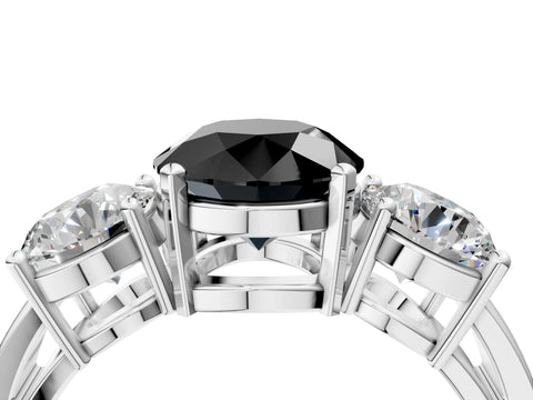 White gold Three-Stone Fancy Black Round Cut Diamond Ring with Round Side Stones, Classic Band, and Four-Prong Setting_4