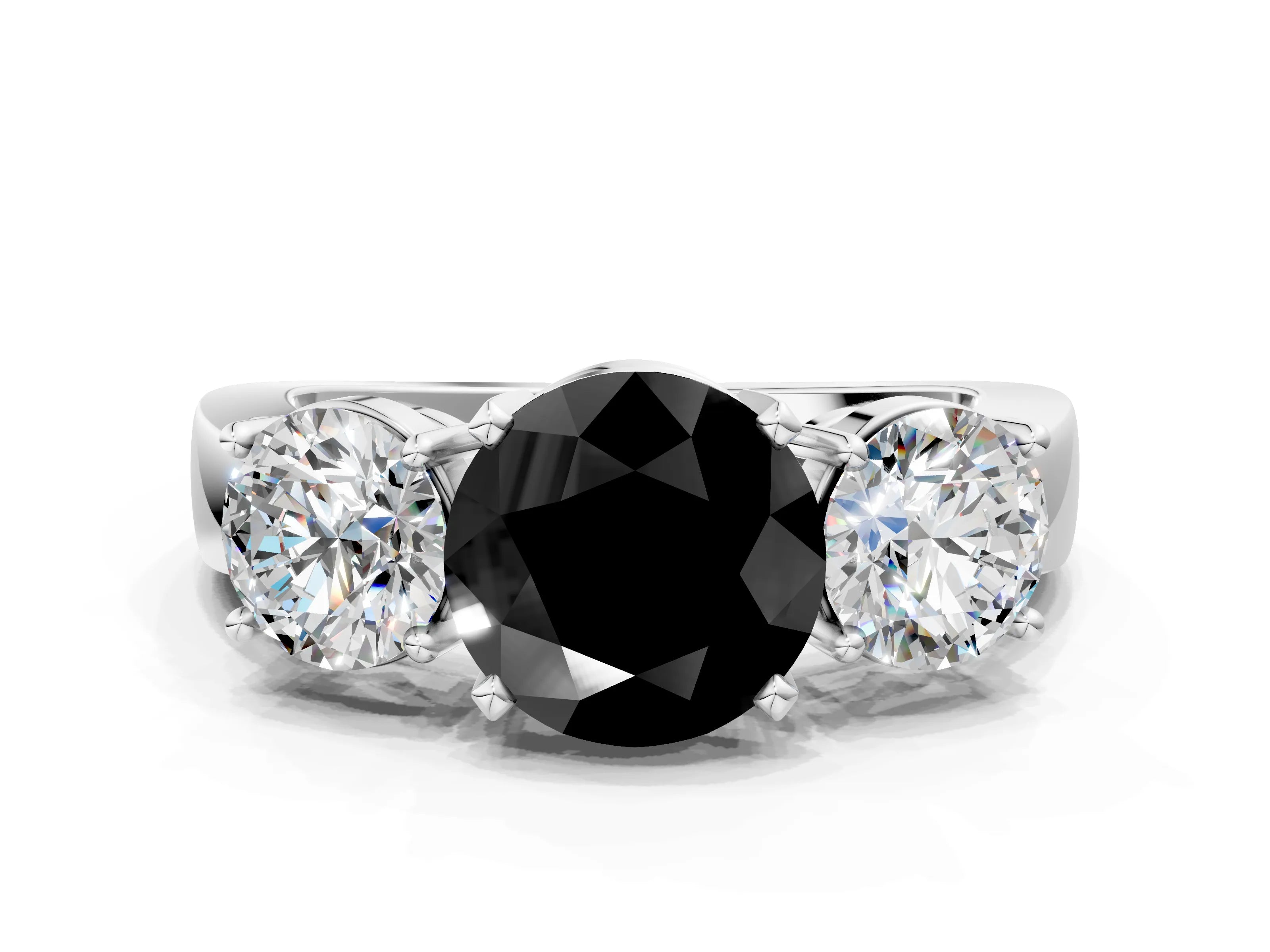 White gold Three-Stone Fancy Black Round Cut Diamond Ring with Round Side Stones, Classic Band, and Four-Prong Setting