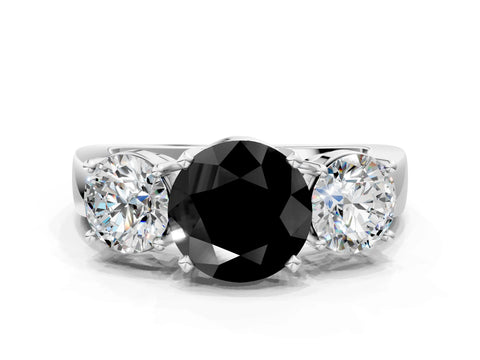 White gold Three-Stone Fancy Black Round Cut Diamond Ring with Round Side Stones, Classic Band, and Four-Prong Setting