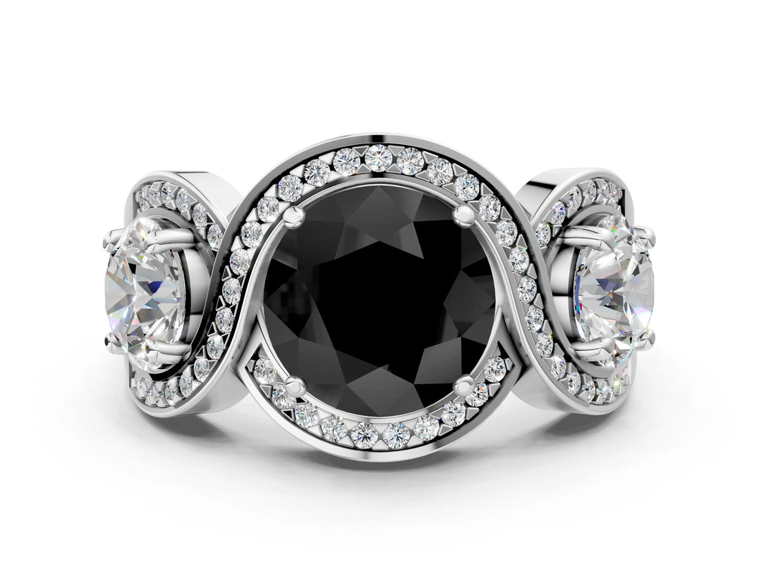 White gold Three-Stone Fancy Black Round Cut Diamond Wave Pave Band with Prong Setting