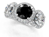 White gold Three-Stone Fancy Black Round Cut Halo Diamond Milgrain Band with Four-Prong Setting_1