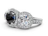White gold Three-Stone Fancy Black Round Cut Halo Diamond Milgrain Band with Four-Prong Setting