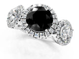 White gold Three-Stone Fancy Black Round Cut Halo Diamond Ring with Pave Band and Four-Prong Setting_1