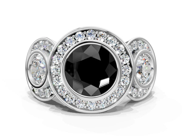 Platinum Round Bezel Three Stone Halo Engagement Ring Setting for Black Center with Pave Shoulders