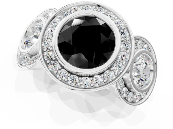 Platinum Round Bezel Three Stone Halo Engagement Ring Setting for Black Center with Pave Shoulders