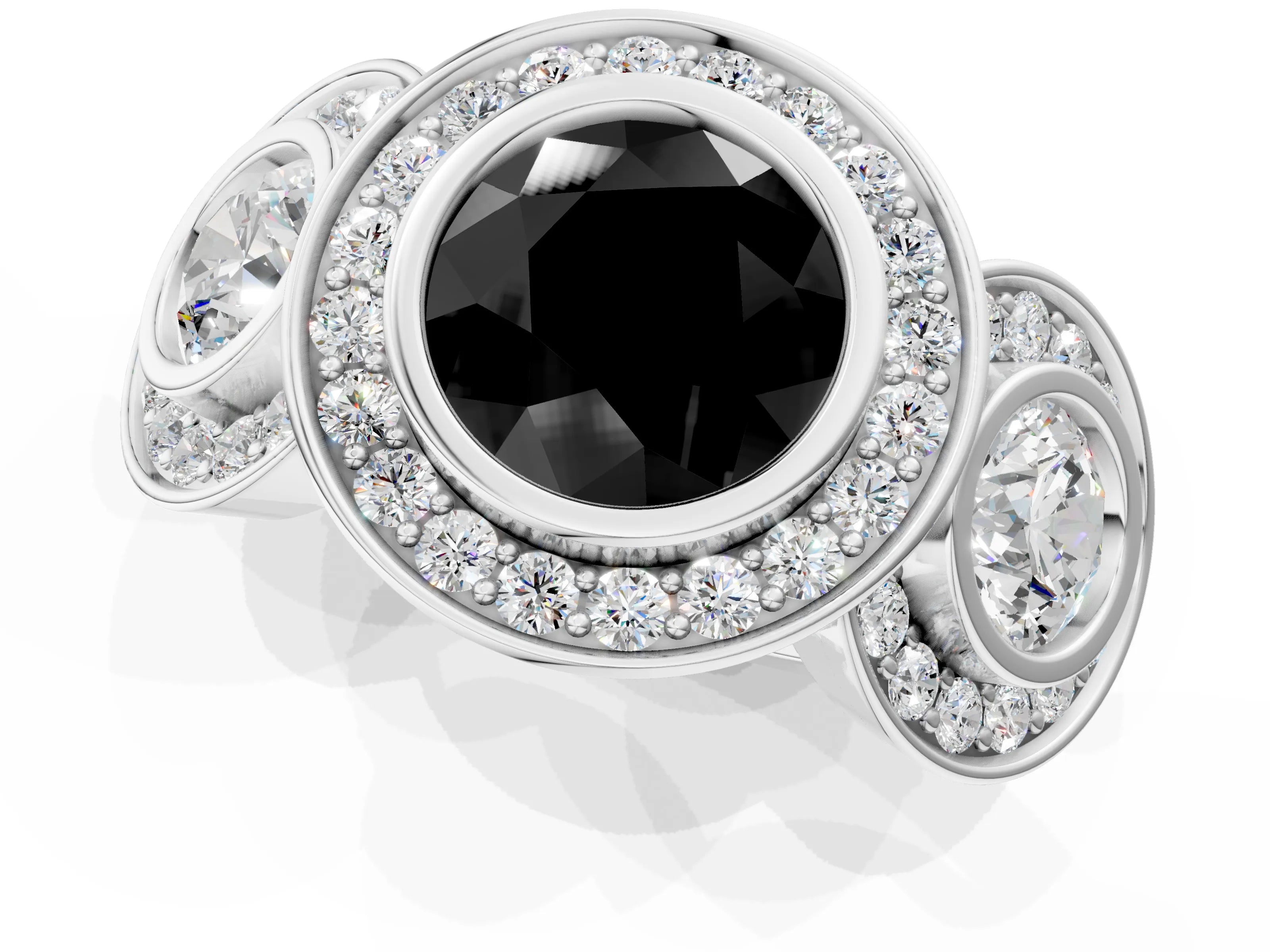 White gold Three-Stone Fancy Black Round Cut Halo Pavé Diamond Ring_1