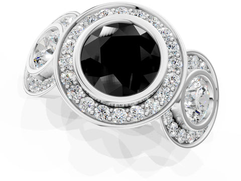 White gold Three-Stone Fancy Black Round Cut Halo Pavé Diamond Ring_1