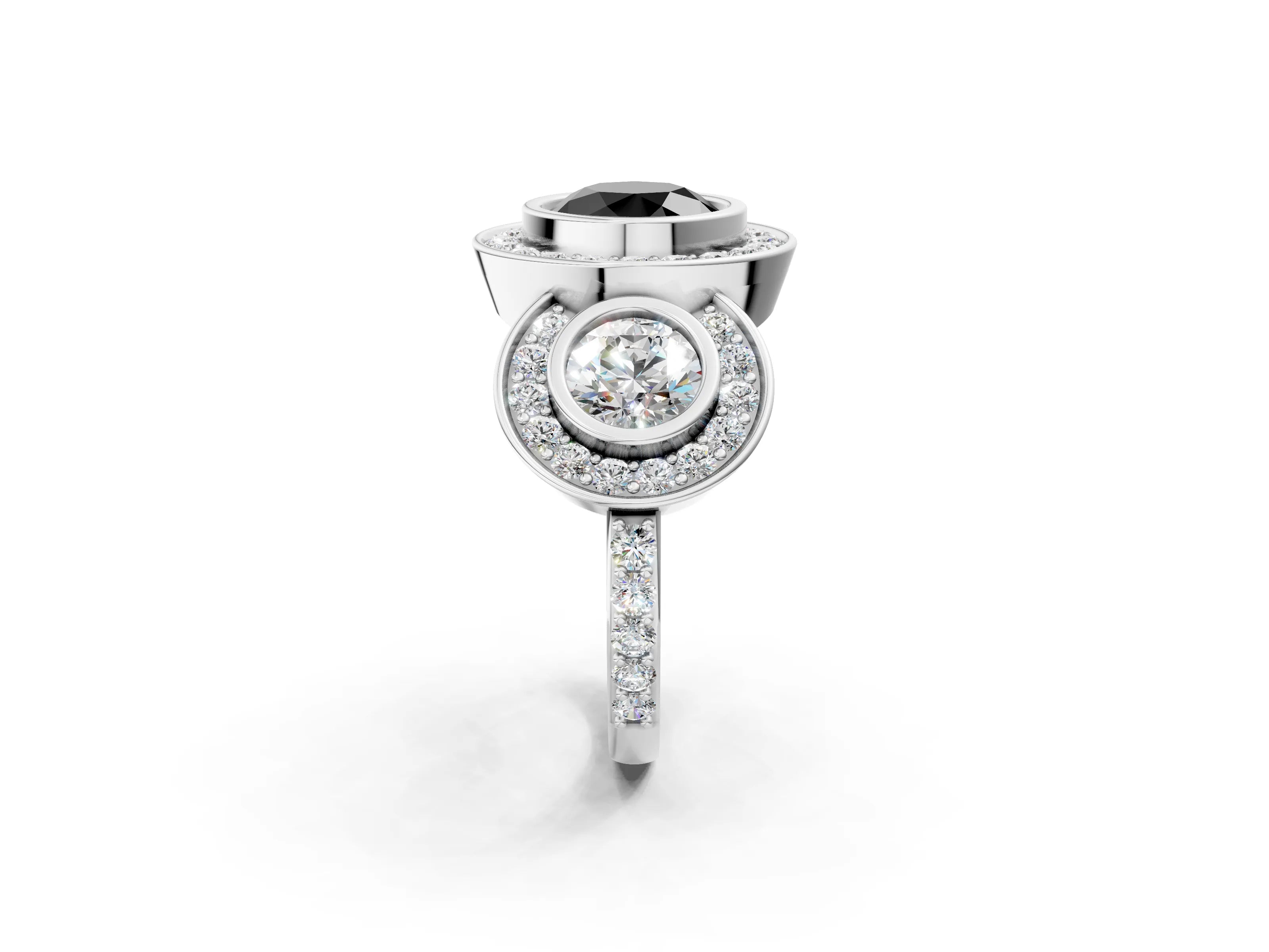 White gold Three-Stone Fancy Black Round Cut Halo Pavé Diamond Ring_2