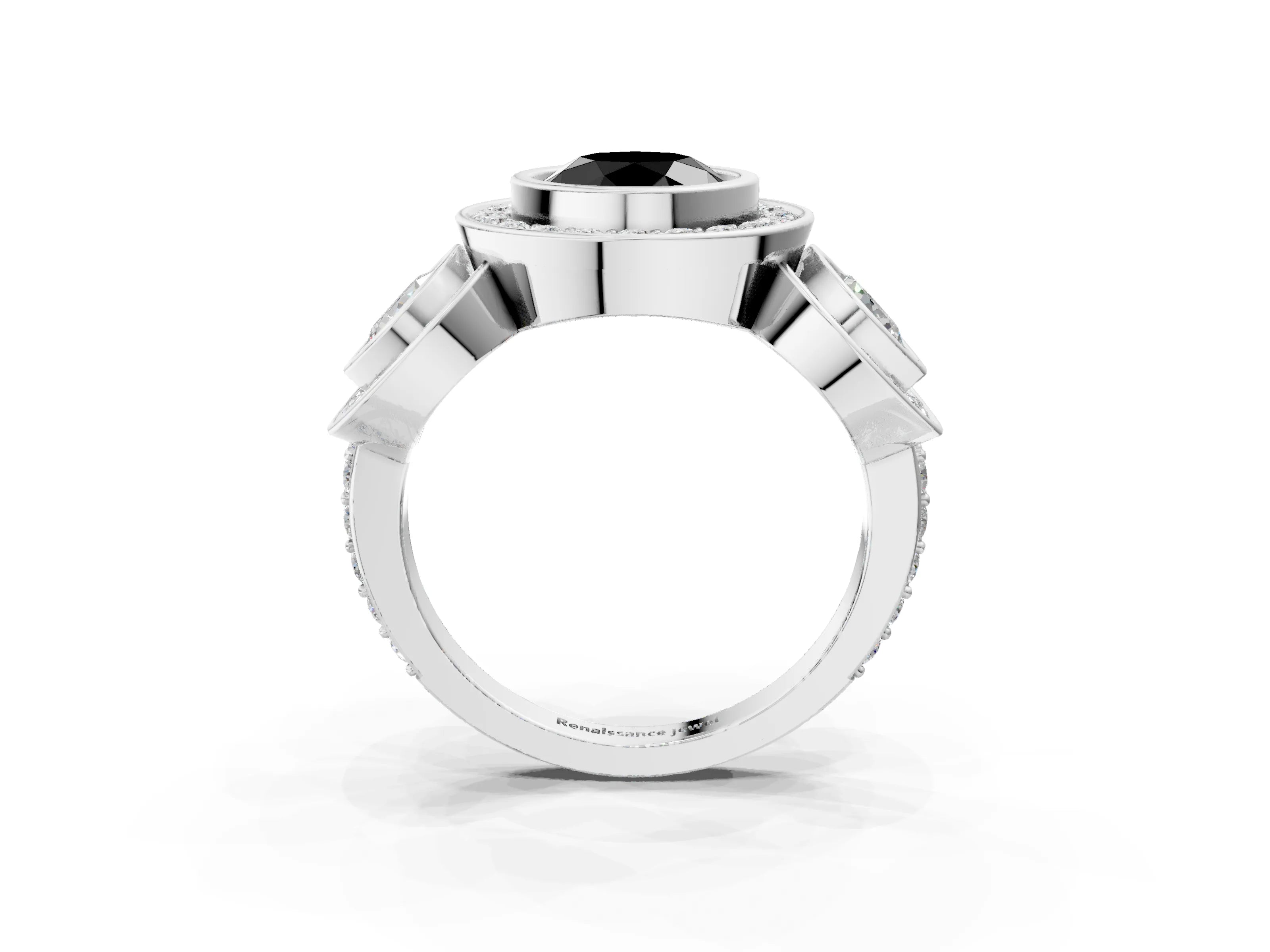 White gold Three-Stone Fancy Black Round Cut Halo Pavé Diamond Ring_3