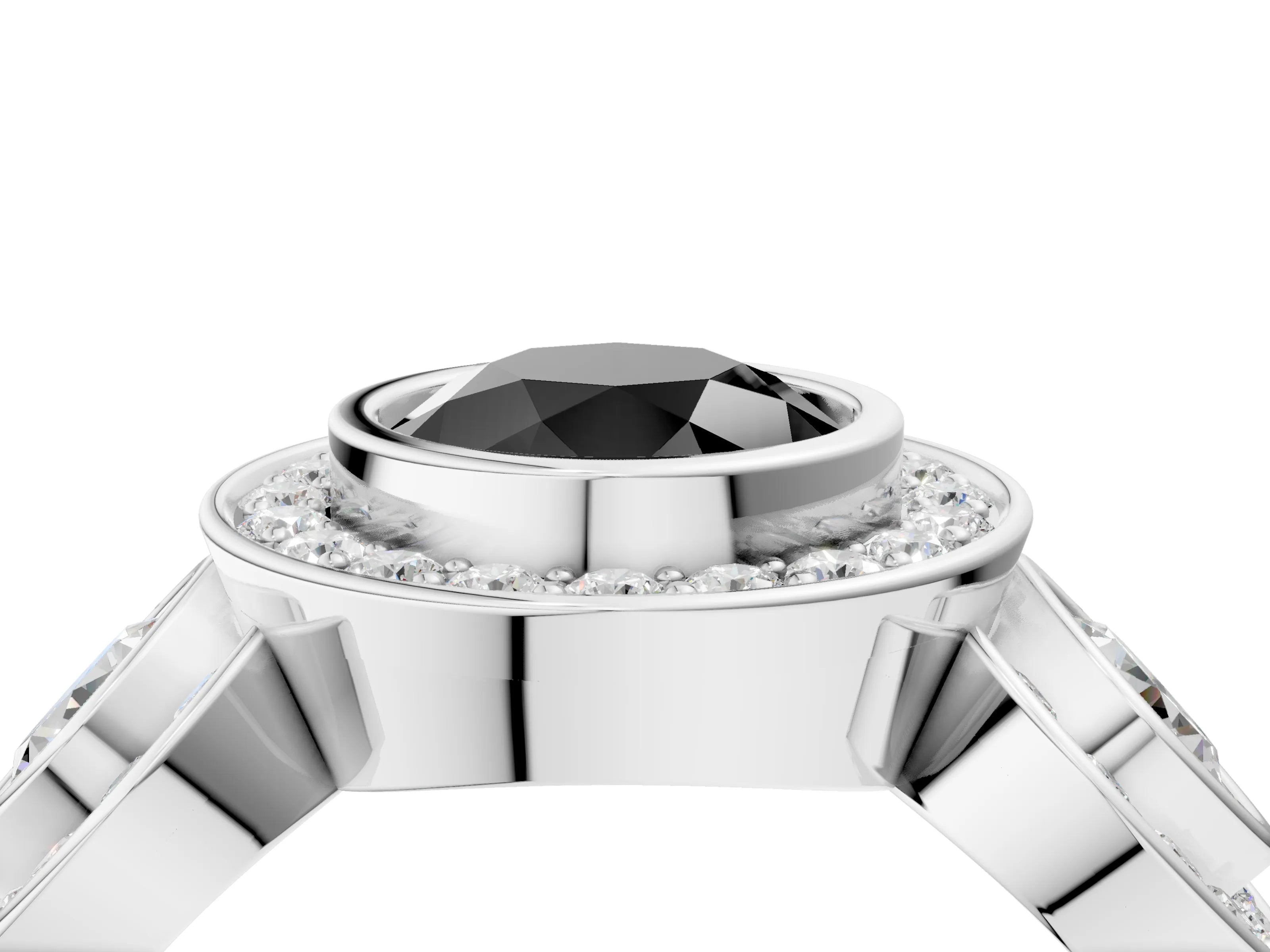 White gold Three-Stone Fancy Black Round Cut Halo Pavé Diamond Ring_4