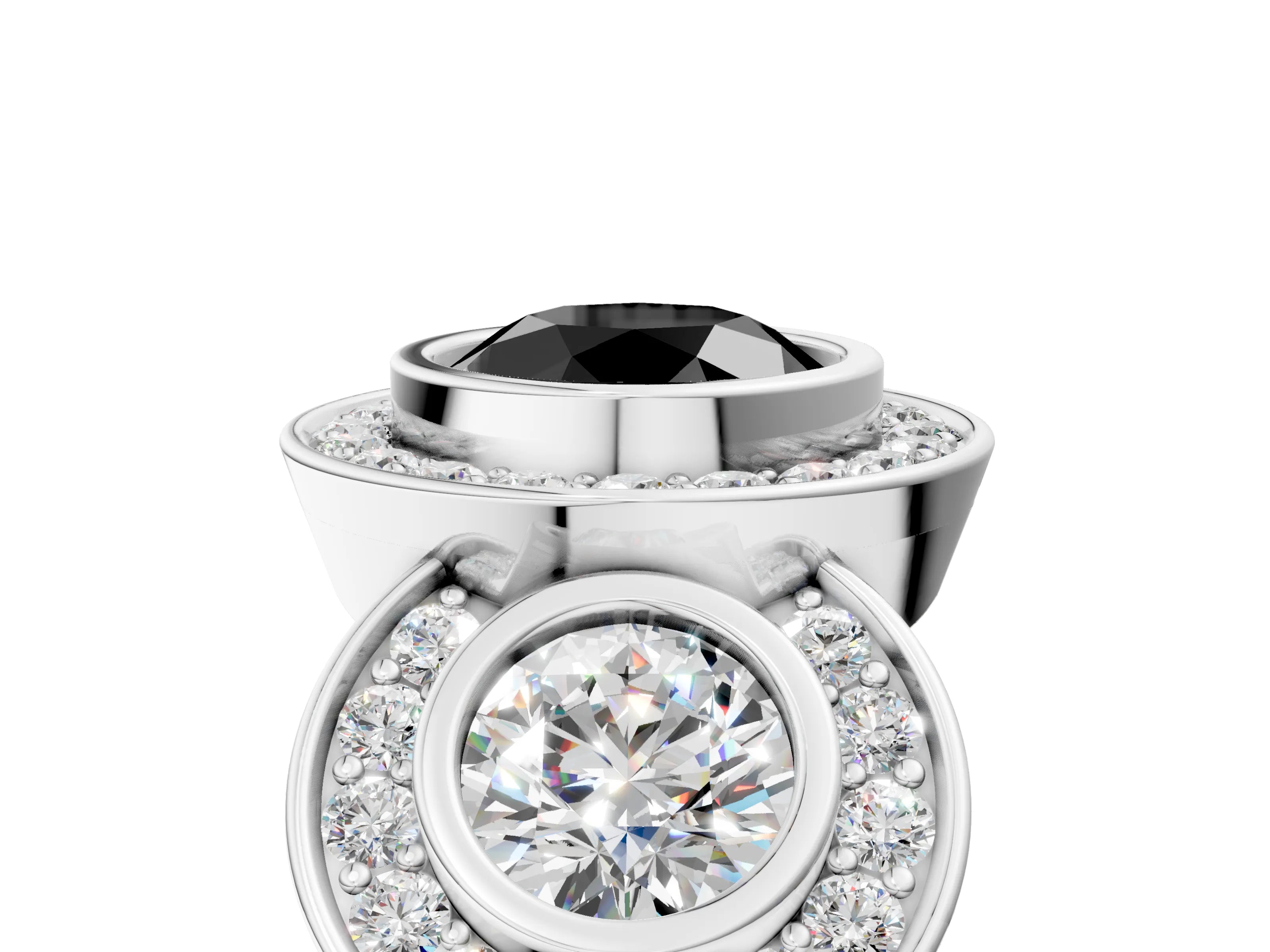White gold Three-Stone Fancy Black Round Cut Halo Pavé Diamond Ring_5