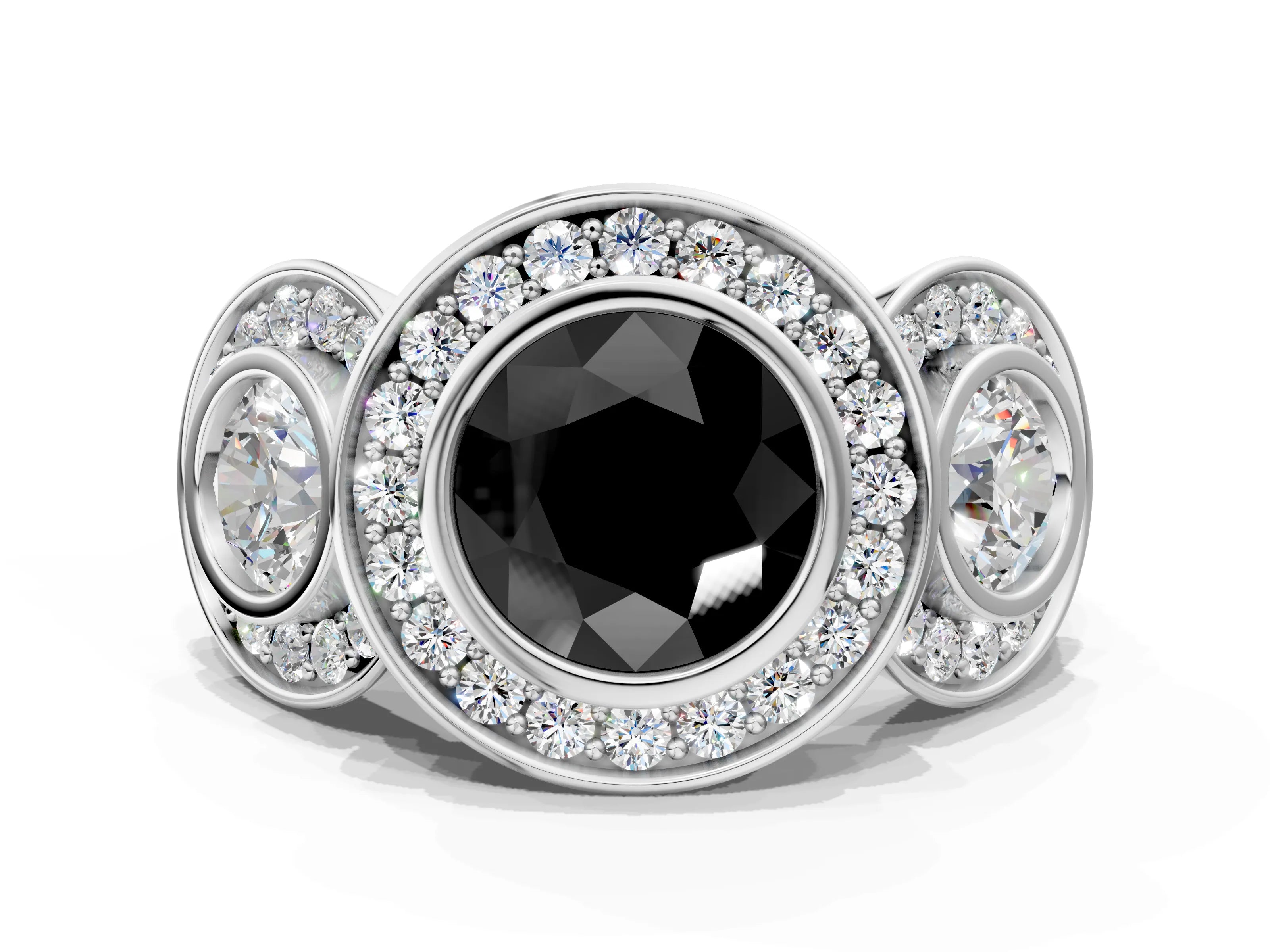 White gold Three-Stone Fancy Black Round Cut Halo Pavé Diamond Ring
