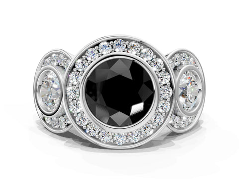 White gold Three-Stone Fancy Black Round Cut Halo Pavé Diamond Ring