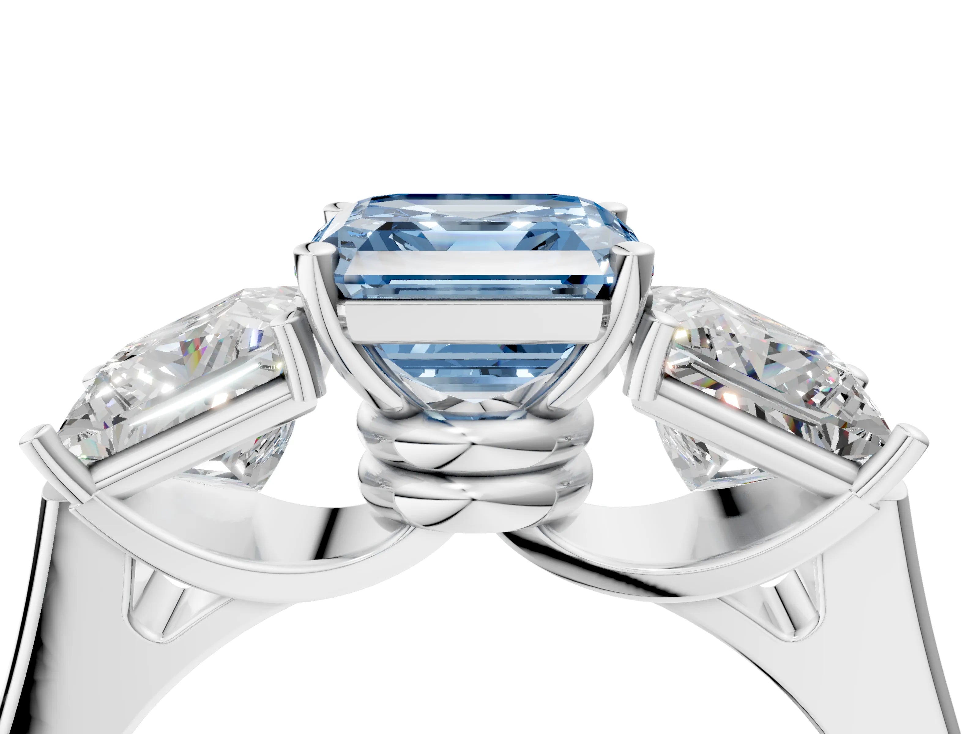 White gold Three-Stone Fancy Blue Asscher Cut Brilliant Diamond Trellis Ring with Comfort Fit Band_10